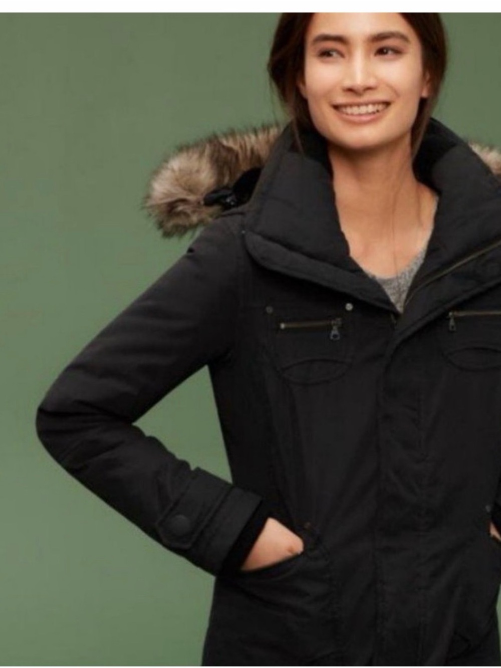 TNA-Women’s Black Winter Parka Jacket with Faux Fur Trim